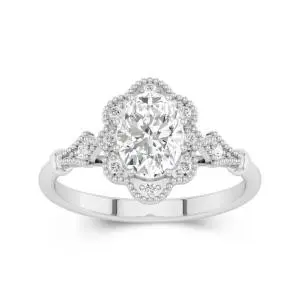 1.5 CT Oval Cut Halo Flower Vintage Engagement Ring 14K White Gold